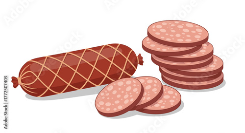 A whole salami sausage with a net pattern and several slices of salami on a white background.