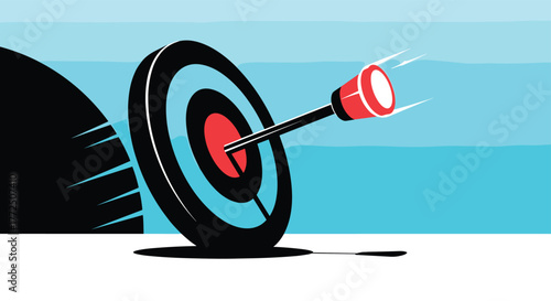 A red dart pierces the bullseye of a target on a bright blue background.