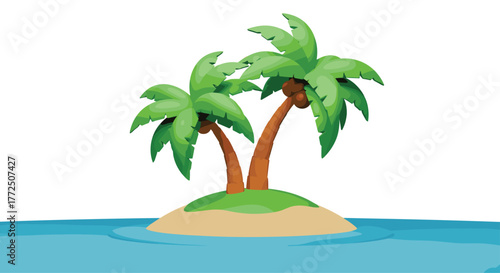 Two cartoon palm trees with coconuts stand on a small sandy island in the blue ocean.