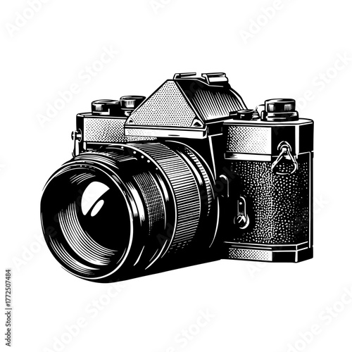 A black silhouette of a camera on white background in a retro vintage comics style