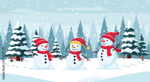 Three cheerful snowmen in a snowy forest setting with winter trees and falling snow.
