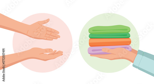 Two hands reaching for each other, one offering a stack of colorful towels.