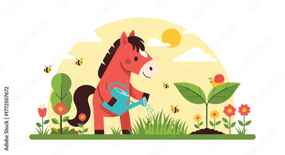 Fototapeta premium Cute cartoon horse watering a plant in a garden with bees and flowers.
