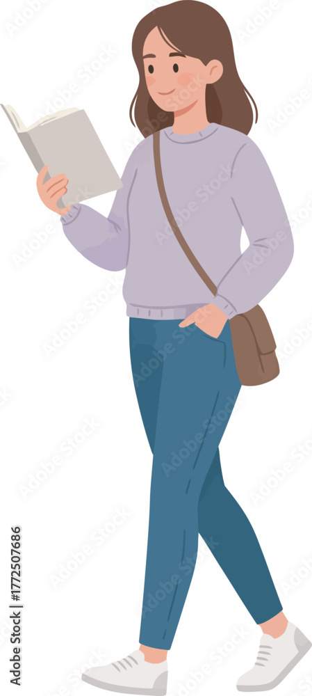 Obraz premium A young woman walks while reading a book, smiling peacefully.