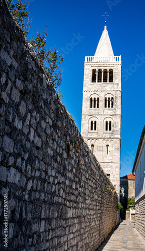 church bell tower in the town of Rab, Catholic rite, Romanesque style of construction, Croatia, Mediterranean