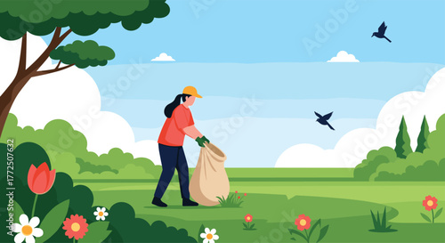 A person collects trash in a park to keep it clean, surrounded by flowers, trees, and birds.