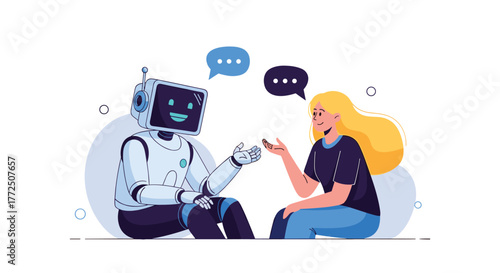 A friendly robot and a woman have a conversation, illustrating communication and artificial intelligence.