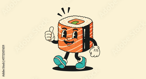Cartoon sushi roll character giving a thumbs up and walking with a smile.