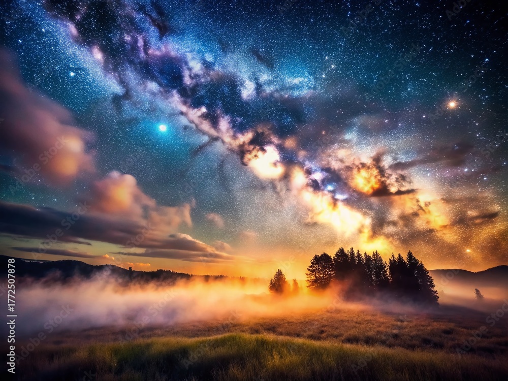 Fototapeta premium Dreamy Ascent: Shimmering Dust in Dark Night Landscape