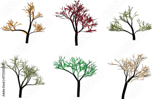 Colorful stylized tree illustrations against a clean white background design