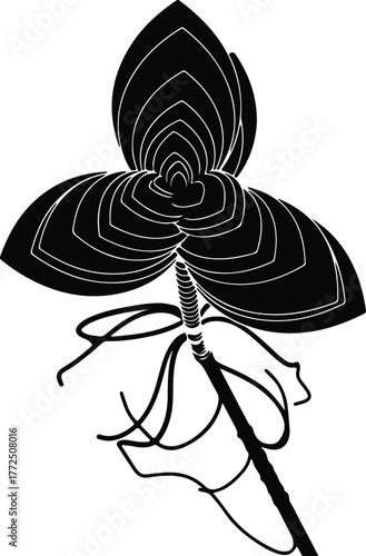 Silhouette stylized orchid flower blossom in black and white vector illustration