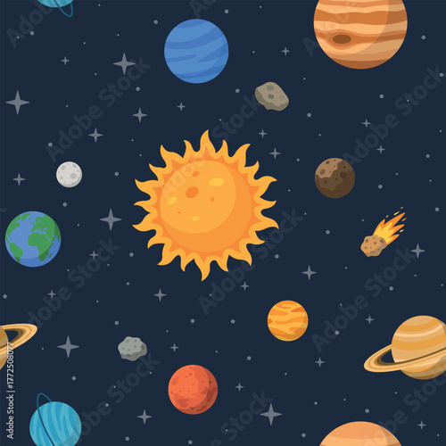Solar System Seamless Pattern with Planets, Sun, Stars and Comets on Dark Blue Background