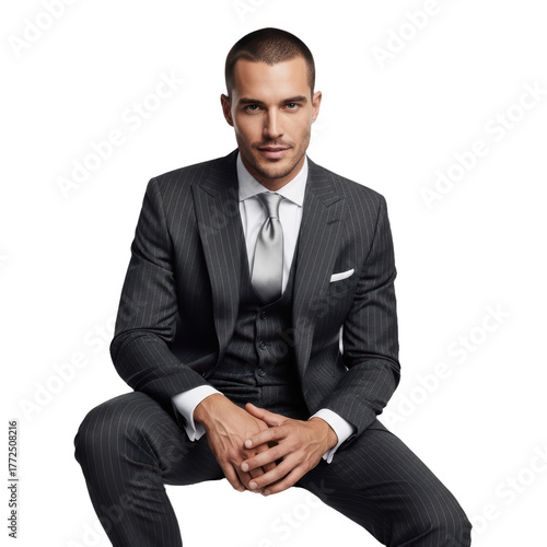 A man in a formal suit sitting on a , against transparent background