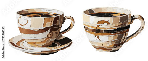 Stylish Coffee Cups and Saucer Set with Abstract Brown and Beige Swirl Pattern Isolated on Transparent Background