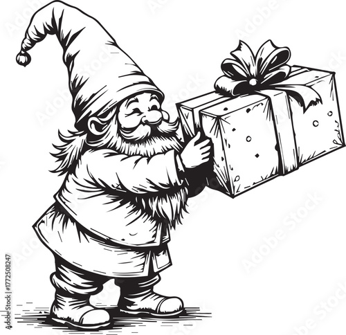 Gnome Carrying a Wrapped Christmas Gift Illustration
