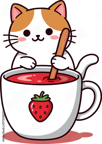 Adorable kawaii cat stirring strawberry drink in cute mug with strawberry design