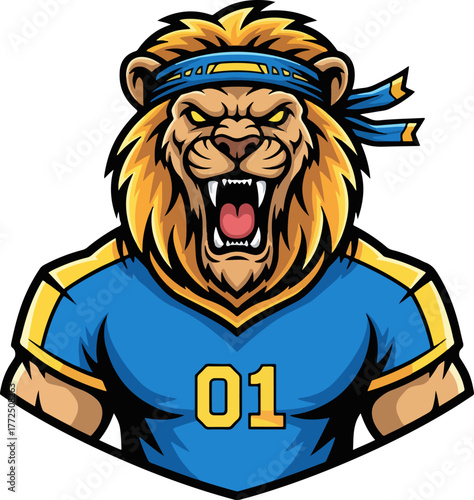 Fierce lion athlete mascot wearing a t-shirt and headband