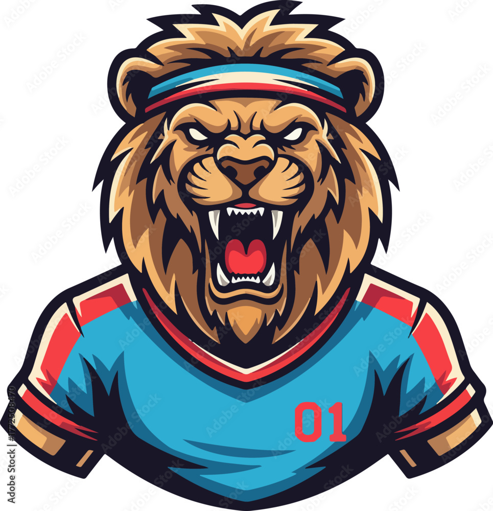 Fototapeta premium Fierce lion athlete mascot wearing a t-shirt and headband