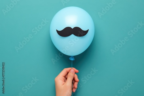 Whimsical blue balloon featuring a charming black mustache is gently held, celebrating Father's Day or Movember awareness against a vibrant teal background
