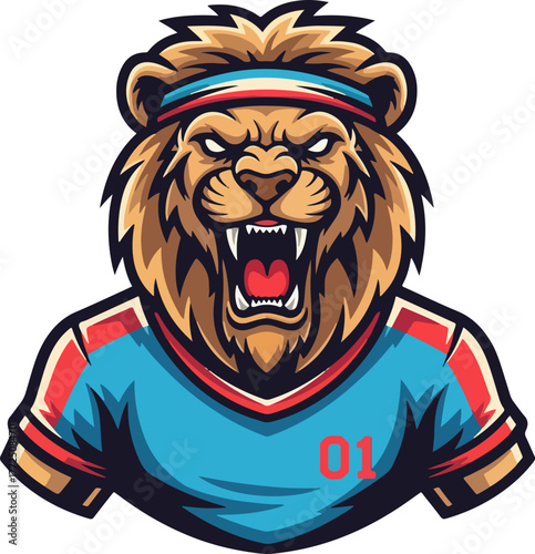 Fierce lion athlete mascot wearing a t-shirt and headband