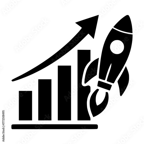 Business startup growth vector with rocket launch and rising bar chart for corporate success concept