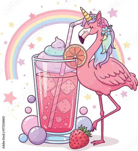 Magical unicorn flamingo enjoys a pink strawberry drink with rainbow sparkles