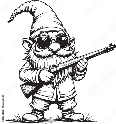 Naughty christmas gnome with sunglasses and toy rifle mischievous festive character art