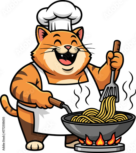 Cute fat cat chef cooking noodles in a pan