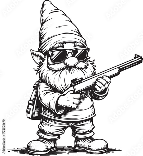 Cool gnome with shotgun wearing sunglasses, quirky character illustration, tough festive attitude