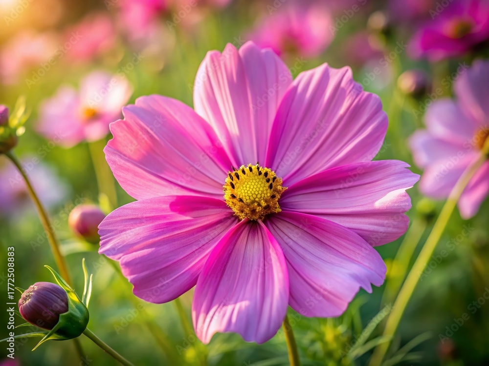Fototapeta premium Drone Close-Up: Delicate Cosmos Bipinnatus Flower in Vibrant Garden