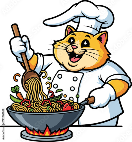 Cute fat cat chef cooking noodles in a pan
