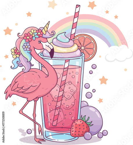 Whimsical pink flamingo drinks with unicorn horn and rainbow accents