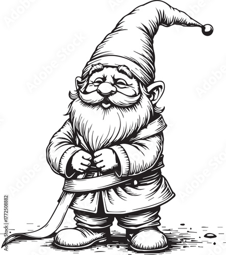 Christmas Gnome tangled up in Long Ribbon with Calm Expression