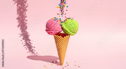 Brightly colored frozen dessert scoops topping a waffle cone are decorated with falling sugary adornments against a soft background