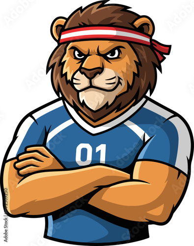 lion mascot wearing a headband and sports jersey