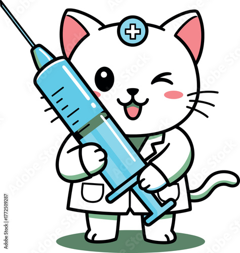 Cute cartoon cat doctor winking holding syringe medical healthcare theme art