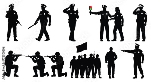 Silhouettes of police officers in various poses, including standing, aiming, and holding flags