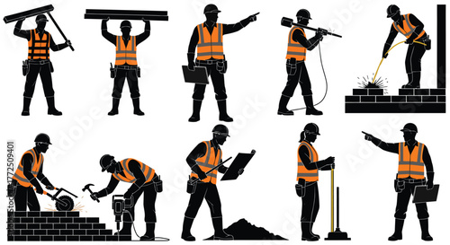 Silhouettes of construction workers in various poses, including bricklaying, carrying materials