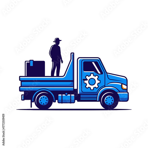 Blue pickup truck with a worker and equipment, symbolizing logistics and delivery services