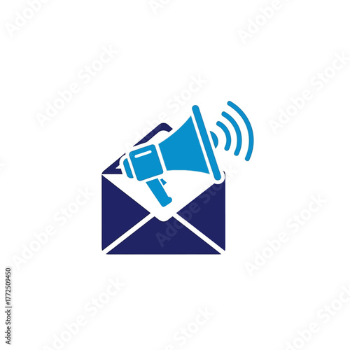 Symbolic representation of email marketing and communication through a megaphone emerging from an envelope, signifying announcements and outreach