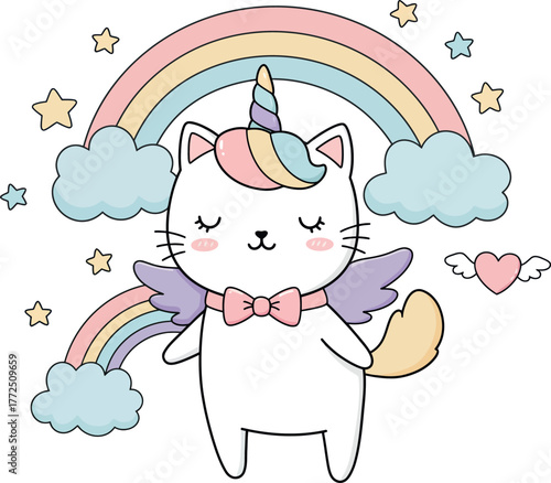 Adorable cat unicorn with rainbow and hearts playful cute fantasy creature