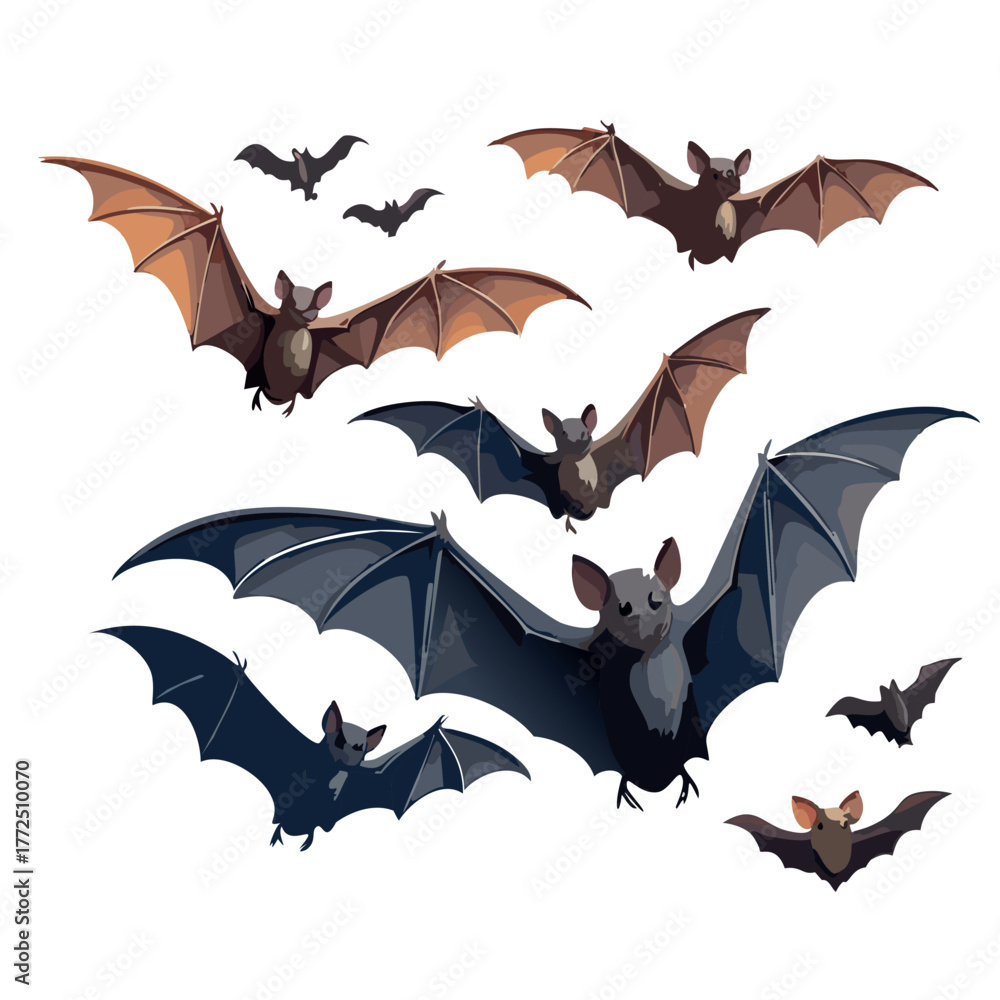 Naklejka premium a realistic group of bats flying in formation, detailed wings and textures, sharp focus, soft lighting, natural shadows, isolated on white background, high-resolution studio lighting, photorealistic