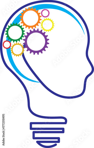 Gears in Head Lightbulb for Innovation Concept, Problem Solving and Generating Solutions Concept