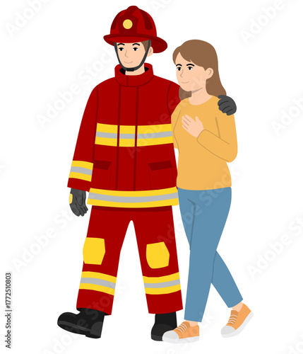 a male firefighter in a full red uniform and helmet, safely escorting a civilian woman vector illustration 