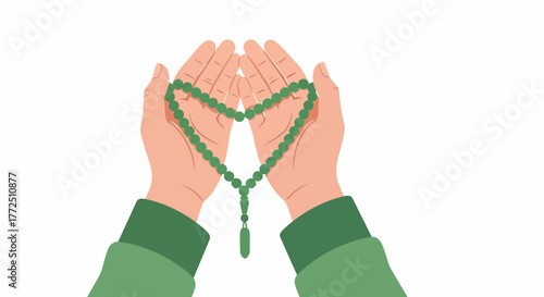Green prayer beads held in cupped hands forming a heart shape on a white background