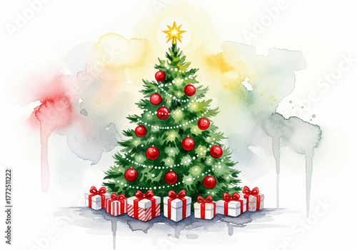 Festive watercolor holiday tree with gifts, bright and cheerful background, perfect for Christmas celebrations and winter season greetings