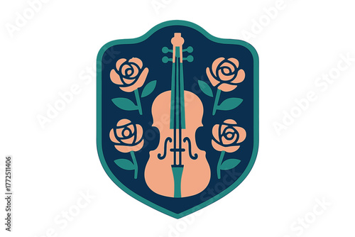 Stylized musical instrument emblem featuring a classic violin surrounded by blooming roses on a decorative shield badge