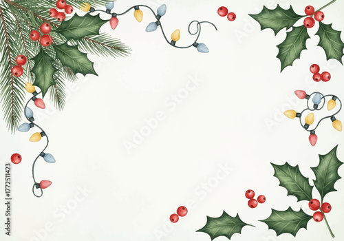 Festive Watercolor Christmas Border A Beautiful Holiday Background with Holly and Twinkling Lights