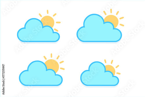 Set of four identical partly sunny weather icons showing a blue cloud and yellow sun