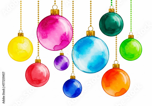 Festive Watercolor Holiday Ornaments Background, Vibrant Christmas Baubles Hanging on Golden Chains, Cheerful Seasonal Decor Illustration